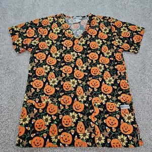 UA Halloween Scrub Top Womens S Pumpkin Sunflower Candy Corn Print FAST SHIPPING